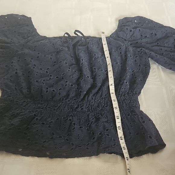 Abercrombie & Fitch Navy Blue Eyelet Puff Sleeve Blouse with Tie Front - Picture 9 of 16